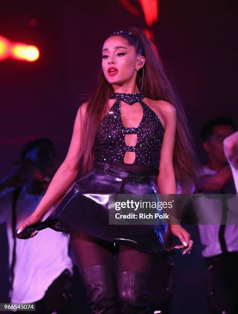 Ariana Grande performs onstage during the 2018 iHeartRadio Wango Tango by AT&T at Banc of California Stadium on June 2, 2018 in Los Angeles,...