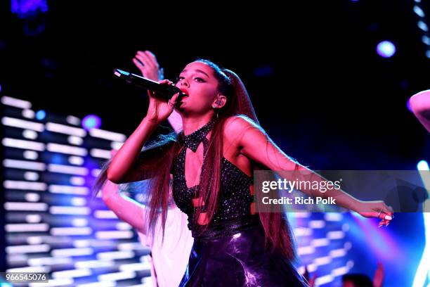 Ariana Grande performs onstage during the 2018 iHeartRadio Wango Tango by AT&T at Banc of California Stadium on June 2, 2018 in Los Angeles,...