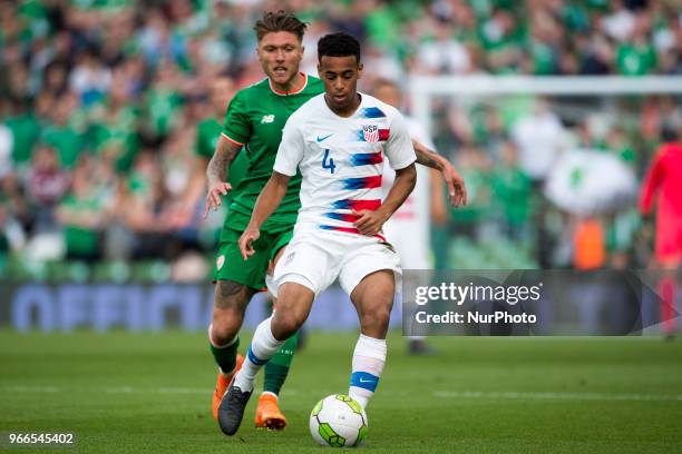 Tyler Adams of USA and Jeff Hendrick of Ireland fight for the ball during the International Friendly match between Republic of Ireland and USA at...