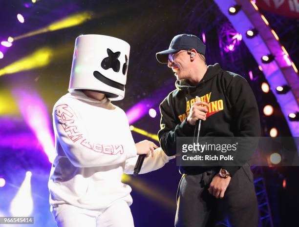 Marshmello and Logic perform onstage during the 2018 iHeartRadio Wango Tango by AT&T at Banc of California Stadium on June 2, 2018 in Los Angeles,...