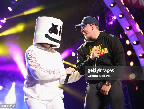 Marshmello and Logic perform onstage during the 2018 iHeartRadio Wango Tango by AT&T at Banc of California Stadium on June 2, 2018 in Los Angeles,...