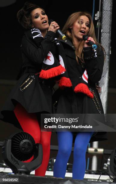 Frankie Sandford and Una Healy of The Saturdays perform for the crowd ahead of the Saracens vs Worcester Guinness Premiership rugby match at Wembley...
