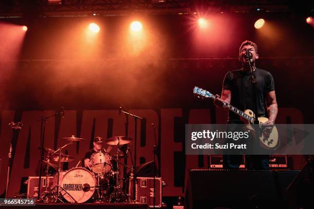 Drummer Adam Pfahler and lead guitarist and vocalist Blake Schwarzenbach of Jawbreaker performs live on stage during Upstream Music Festival in...