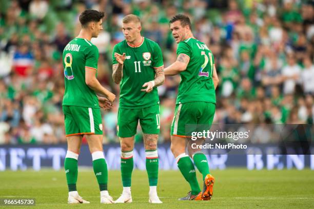 Callum O'Dowda, James McClean and Kevin Long of Ireland during the International Friendly match between Republic of Ireland and USA at Aviva Stadium...