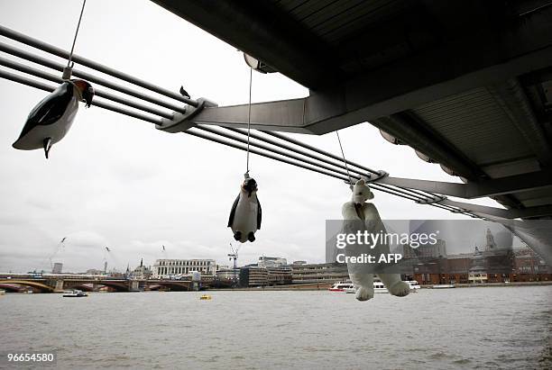 Glass penguins and a stuffed toy polar bear are hung from the Millenium Bridge in London to form an art installation protest against global warming...