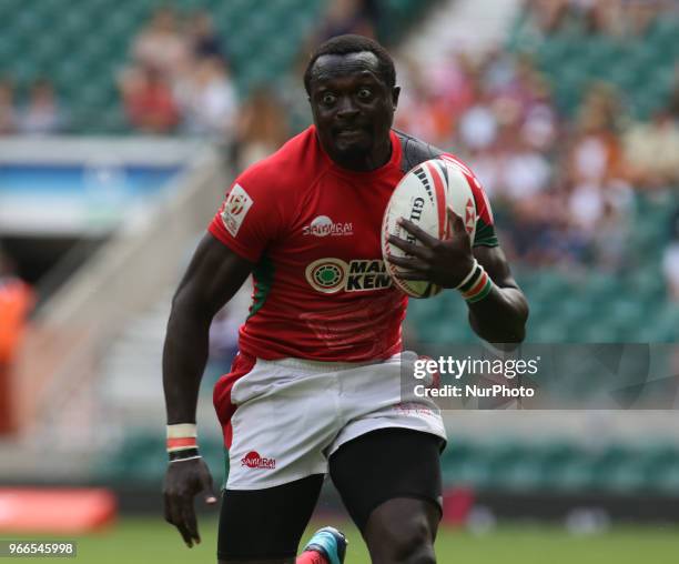 Collins Injera of Kenya during HSBC World Rugby Sevens Series Pool C match between Kenya against United States at Twickenham stadium, London, on 2...