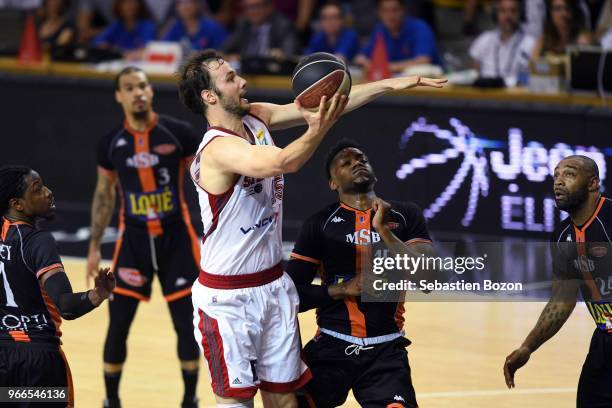 Mykal Riley of Le Mans, Miro Bilan of Strasbourg and Wilfried Yeguete of Le Mans during the Jeep Elite match between Strasbourg and Le Mans on June...