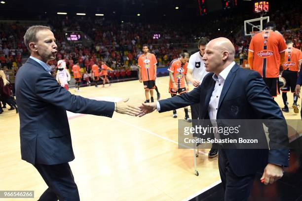 Vincent Collet headcoach of Strasbourg and Eric Bartecheky headcoach of Le Mans during the Jeep Elite match between Strasbourg and Le Mans on June 2,...