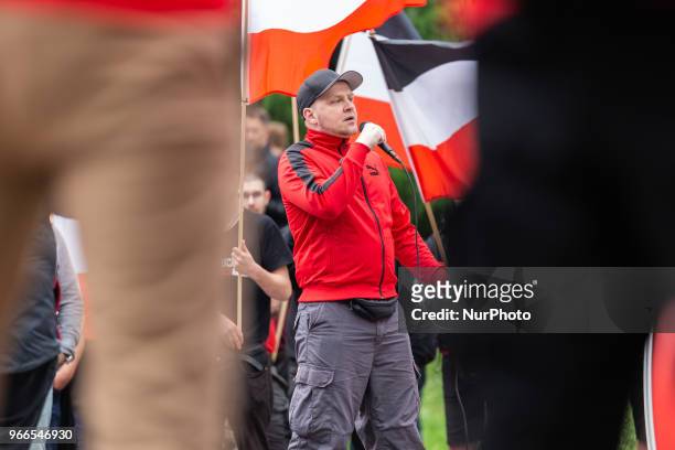 Sven Skoda during a Neonazis demonstration in Goslar, Germany, on June 2, 2018. About 170 Neonazis demonstrated through the small city of Goslar to...