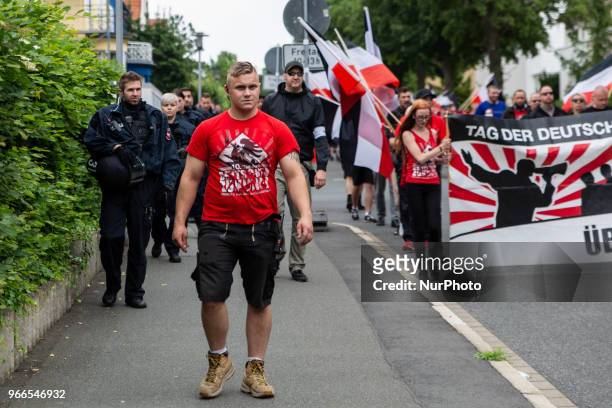 Joost Nolte during a Neonazis demonstration in Goslar, Germany, on June 2, 2018. About 170 Neonazis demonstrated through the small city of Goslar to...