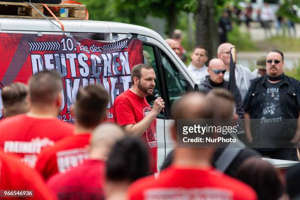 Sascha Krolzig during a Neonazis demonstration in Goslar, Germany, on June 2, 2018. About 170 Neonazis demonstrated through the small city of Goslar...
