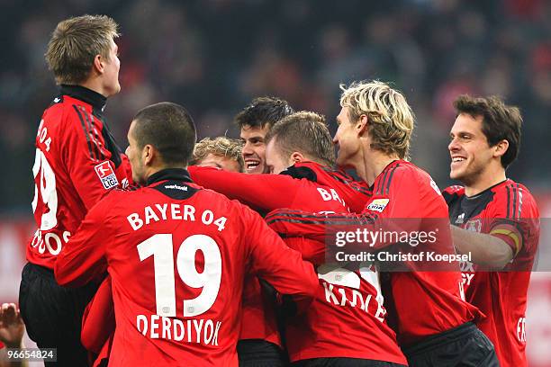 The team of Leverkusen celebrates the first goal during the Bundesliga match between Bayer Leverkusen and VfL Wolfsburg at the BayArena on February...