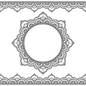Set of seamless borders and circular ornament for design, application of henna, Mehndi and tattoo. Decorative pattern in ethnic oriental style.