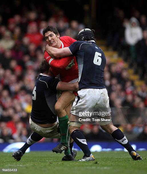 James Hook of Wales is tackled by Alastair Kellock and Kelly Brown of Scotland during the RBS 6 Nations match between Wales and Scotland at the...