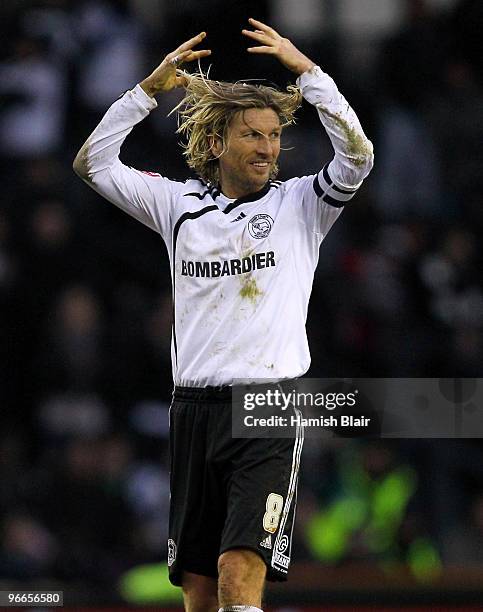 Robbie Savage of Derby reacts following a near miss in the dying stages of the match during the FA Cup sponsored by E.ON 5th Round match between...