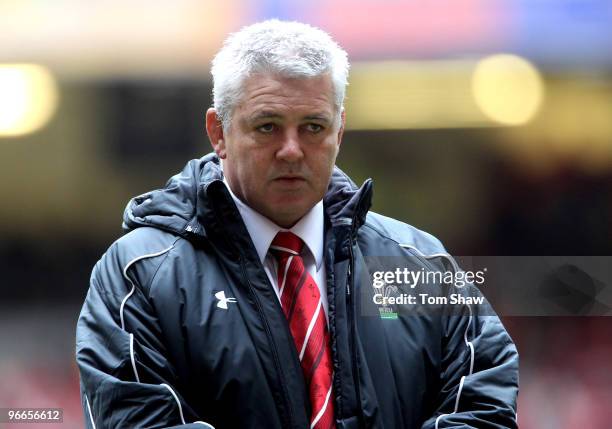 Warren Gatland the Wales coach looks on during the RBS 6 Nations match between Wales and Scotland at the Millennium Stadium on February 13, 2010 in...