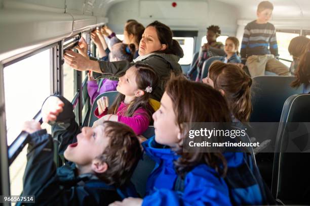 large group of exited kids on school bus. - field trip stock pictures, royalty-free photos & images