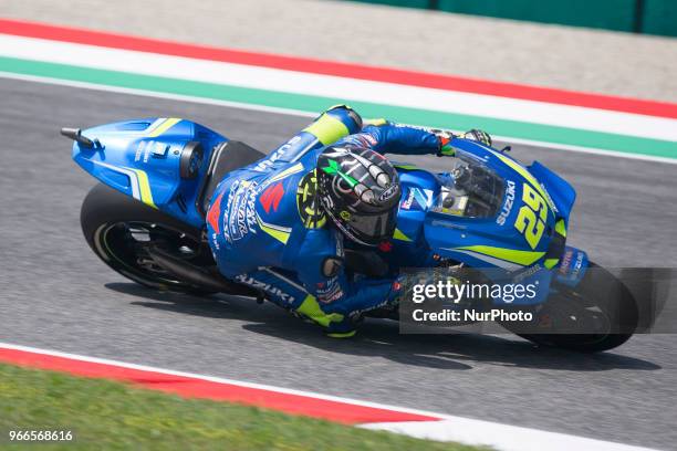 From Italy, Suzuki Ecstar Team, Suzuki GSX-RR, during qualifications at the Mugello International Cuircuit for the sixth round of MotoGP World...