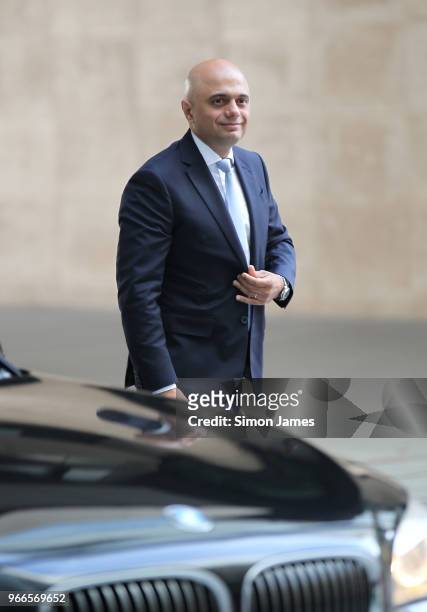 Home Secretary Sajid Javid seen arriving to the BBC on June 3, 2018 in London, England.