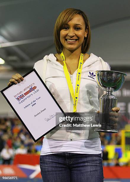 Jessica Ennis pictured with the 'Athlete of the Year' award from the British Athletics Supporters club during the first day of the AVIVA World Trials...