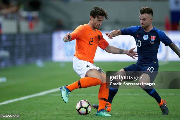 Daryl Janmaat of Holland, Albert Rusnak of Slovakia during the International Friendly match between Slovakia v Holland at the City Arena on May 31,...