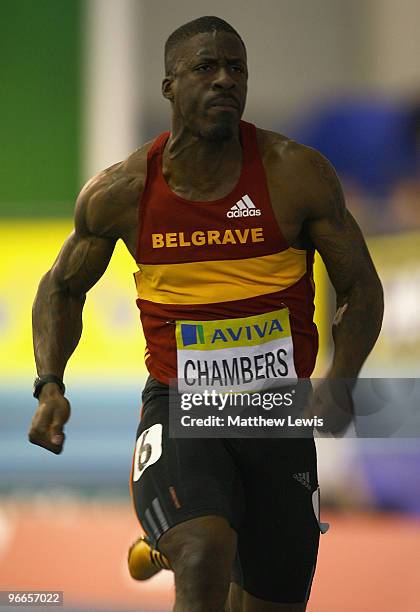 Dwain Chambers of Belgrave Harriers in action during the Mens 60m final during the first day of the AVIVA World Trials and UK Championships at the...