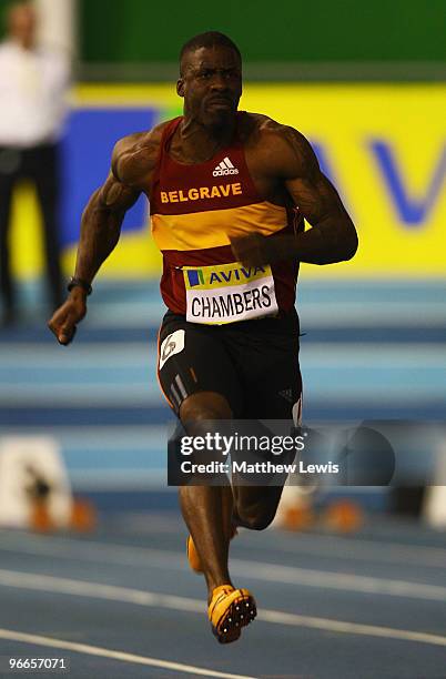 Dwain Chambers of Belgrave Harriers in action during the Mens 60m final during the first day of the AVIVA World Trials and UK Championships at the...