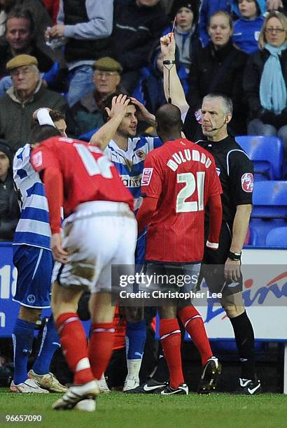 Shane Long of Reading is sent of by referee Chris Foy during the FA Cup 5th round match between Reading and West Bromwich Albion at the Madejski...