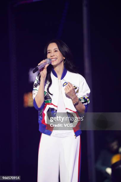 Singer Karen Mok celebrates her birthday during a rehearsal of a music award ceremony on June 2, 2018 in Taipei, Taiwan.