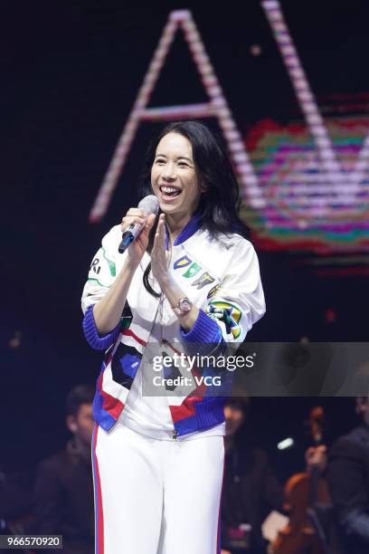 Singer Karen Mok celebrates her birthday during a rehearsal of a music award ceremony on June 2, 2018 in Taipei, Taiwan.