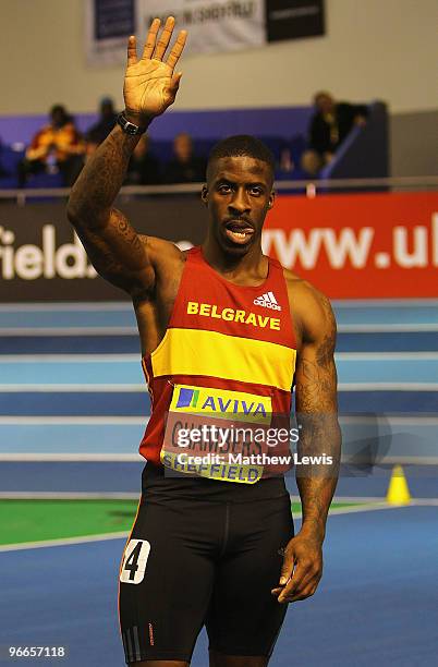 Dwain Chambers of Belgrave Harriers celebrates winning the Mens 60m heats during the first day of the AVIVA World Trials and UK Championships at the...