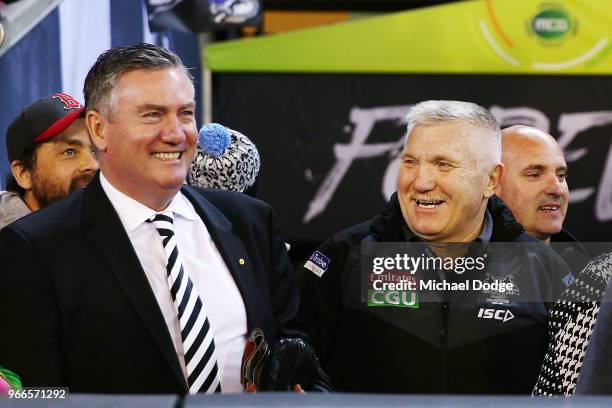 Brody Mihocek of the Magpies father Jack Mihocek with Magpies President Eddie McGuire during the round 11 AFL match between the Collingwood Magpies...