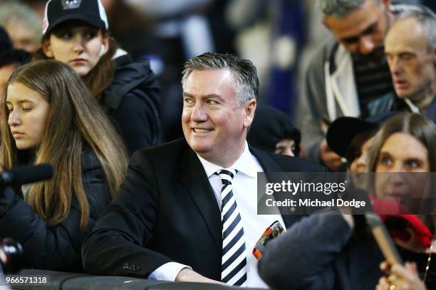 Magpies President Eddie McGuire celebrates the win during the round 11 AFL match between the Collingwood Magpies and the Fremantle Dockers at...