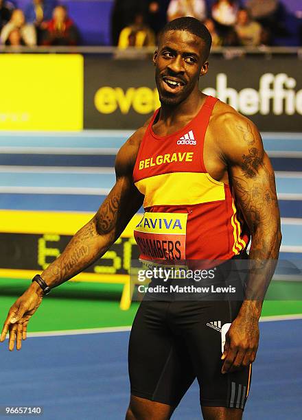 Dwain Chambers of Belgrave Harriers celebrates winning the Mens 60m heats during the first day of the AVIVA World Trials and UK Championships at the...