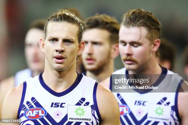 Nat Fyfe of the Dockers looks dejected after defeat during the round 11 AFL match between the Collingwood Magpies and the Fremantle Dockers at...