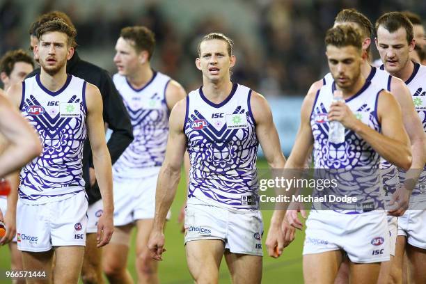 Nat Fyfe of the Dockers looks dejected after defeat during the round 11 AFL match between the Collingwood Magpies and the Fremantle Dockers at...