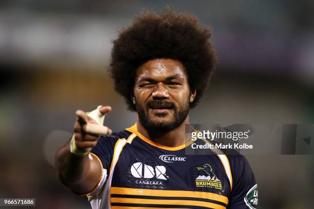 Henry Speight of the Brumbies celebrates with the crowd after scoring a try during the round 16 Super Rugby match between the Brumbies and the...