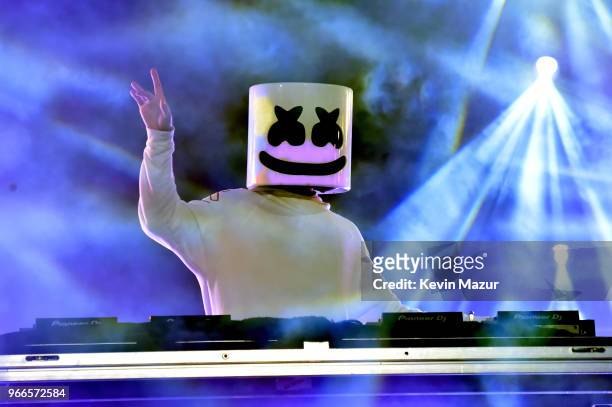 Marshmello performs onstage during the 2018 iHeartRadio Wango Tango by AT&T at Banc of California Stadium on June 2, 2018 in Los Angeles, California.