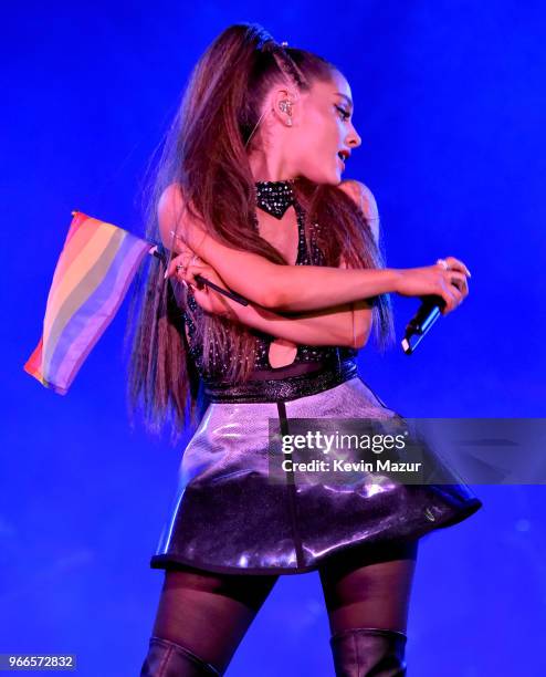 Ariana Grande performs onstage during the 2018 iHeartRadio Wango Tango by AT&T at Banc of California Stadium on June 2, 2018 in Los Angeles,...