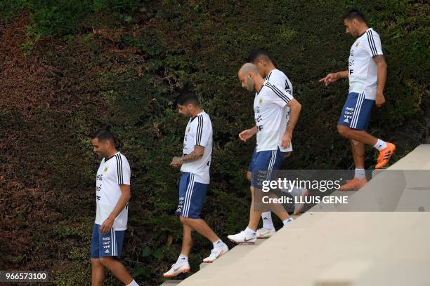 Argentina's players arrive for a training session at the FC Barcelona 'Joan Gamper' sports centre in Sant Joan Despi near Barcelona on June 3, 2018.