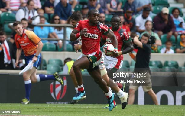 Willy Ambaka of Kenya during HSBC World Rugby Sevens Series Pool C match between Kenya against United States at Twickenham stadium, London, on 2 June...