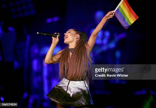 Ariana Grande performs onstage during the 2018 iHeartRadio Wango Tango by AT&T at Banc of California Stadium on June 2, 2018 in Los Angeles,...