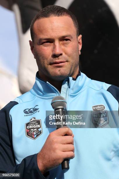 Boyd Cordner of the Blues speaks to the crowd during a New South Wales Blues State of Origin Media Opportunity at Luna Park on June 3, 2018 in...