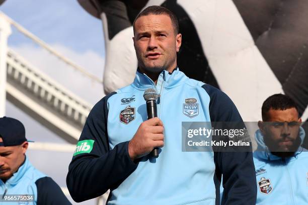 Boyd Cordner of the Blues speaks to the crowd during a New South Wales Blues State of Origin Media Opportunity at Luna Park on June 3, 2018 in...