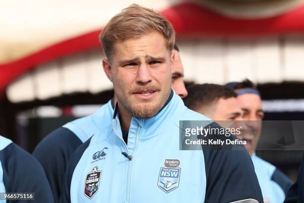 Jack de Belin of the Blues is seen arriving during a New South Wales Blues State of Origin Media Opportunity at Luna Park on June 3, 2018 in...