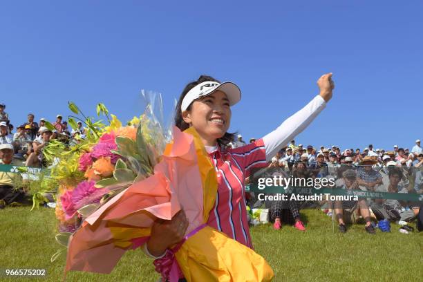 Shiho Oyama of Japan celebrates after winning the Yonex Ladies at Yonex Country Club on June 3, 2018 in Nagaoka, Niigata, Japan.