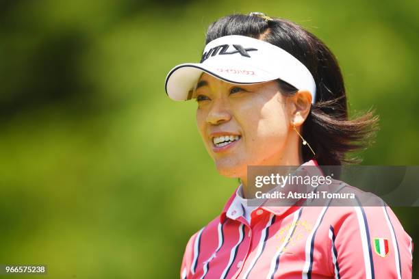 Shiho Oyama of Japan smiles after making her birdie putt on the 13th hole during the final round of the Yonex Ladies at Yonex Country Club on June 3,...