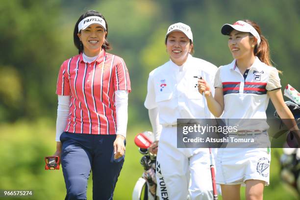 Shiho Oyama of Japan and Ayako Kimura of Jpan smile during the final round of the Yonex Ladies at Yonex Country Club on June 3, 2018 in Nagaoka,...