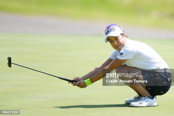 Asako Fujimoto of Japan celebrates after making her birdie putt on the 2nd hole during the final round of the Yonex Ladies at Yonex Country Club on...
