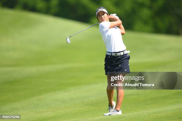 Asako Fujimoto of Japan hits her second shot on the 2nd hole during the final round of the Yonex Ladies at Yonex Country Club on June 3, 2018 in...